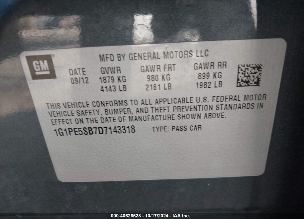 2013 CHEVROLET CRUZE 2LT AUTO VIN: 1G1PE5SB7D7143318
