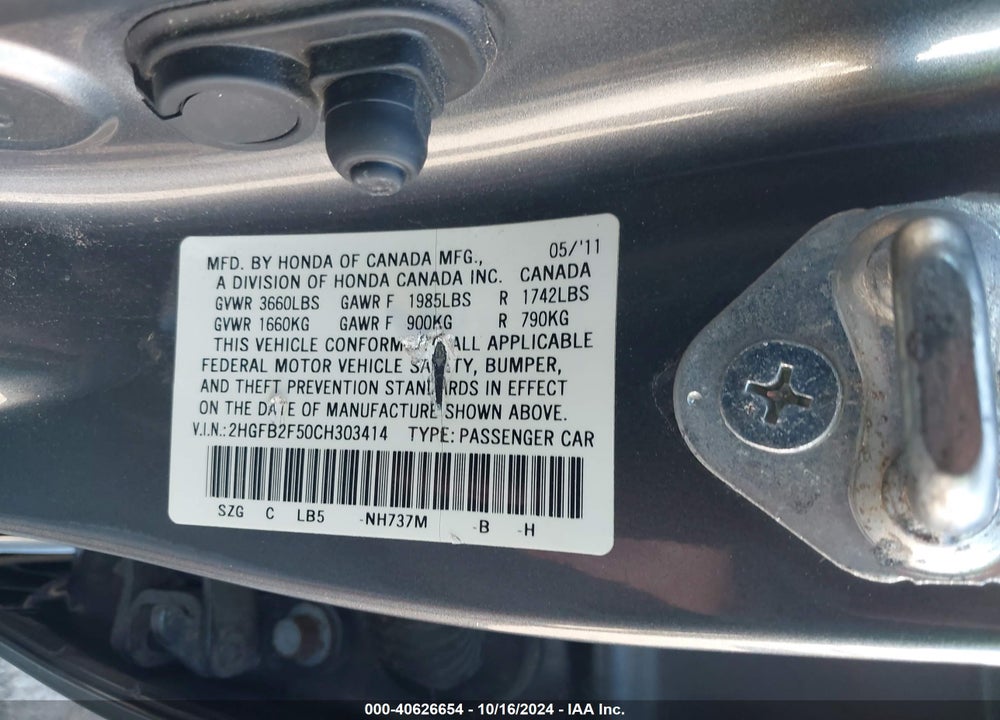 2012 HONDA CIVIC LX VIN: 2HGFB2F50CH303414
