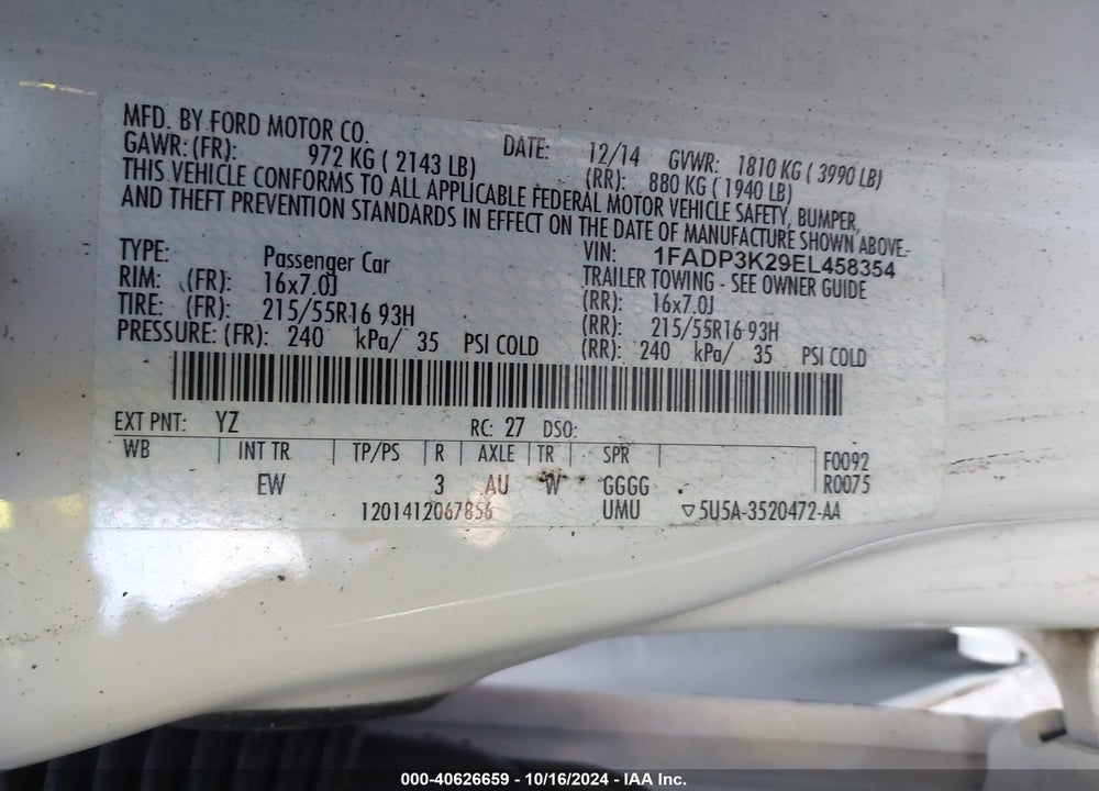 2014 FORD FOCUS SE VIN: 1FADP3K29EL458354
