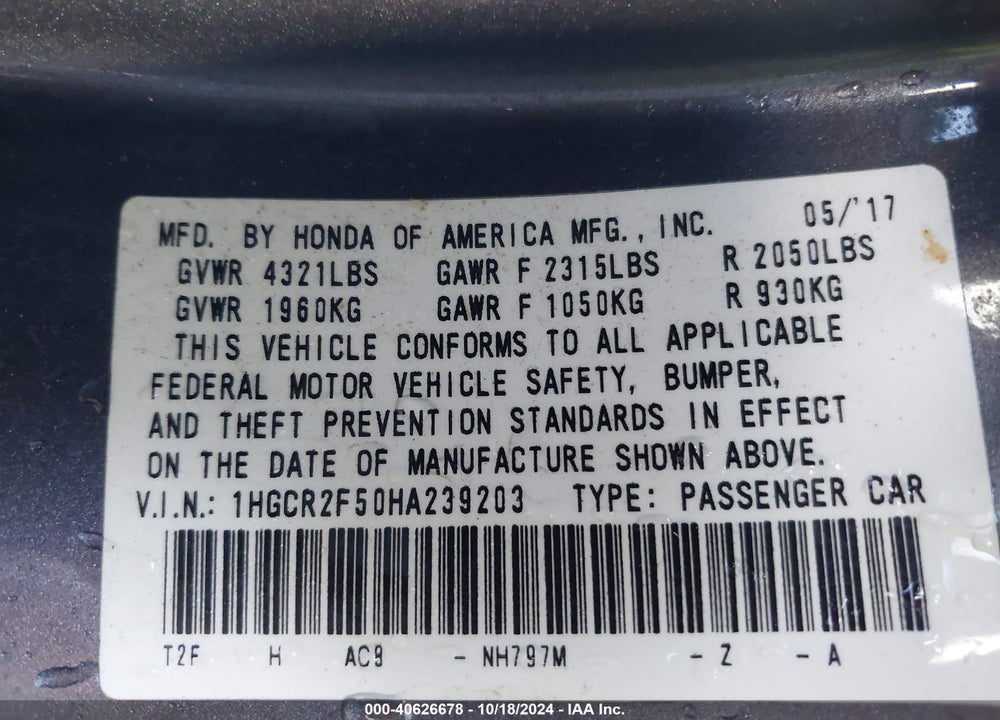 2017 HONDA ACCORD VIN: 1HGCR2F50HA239203