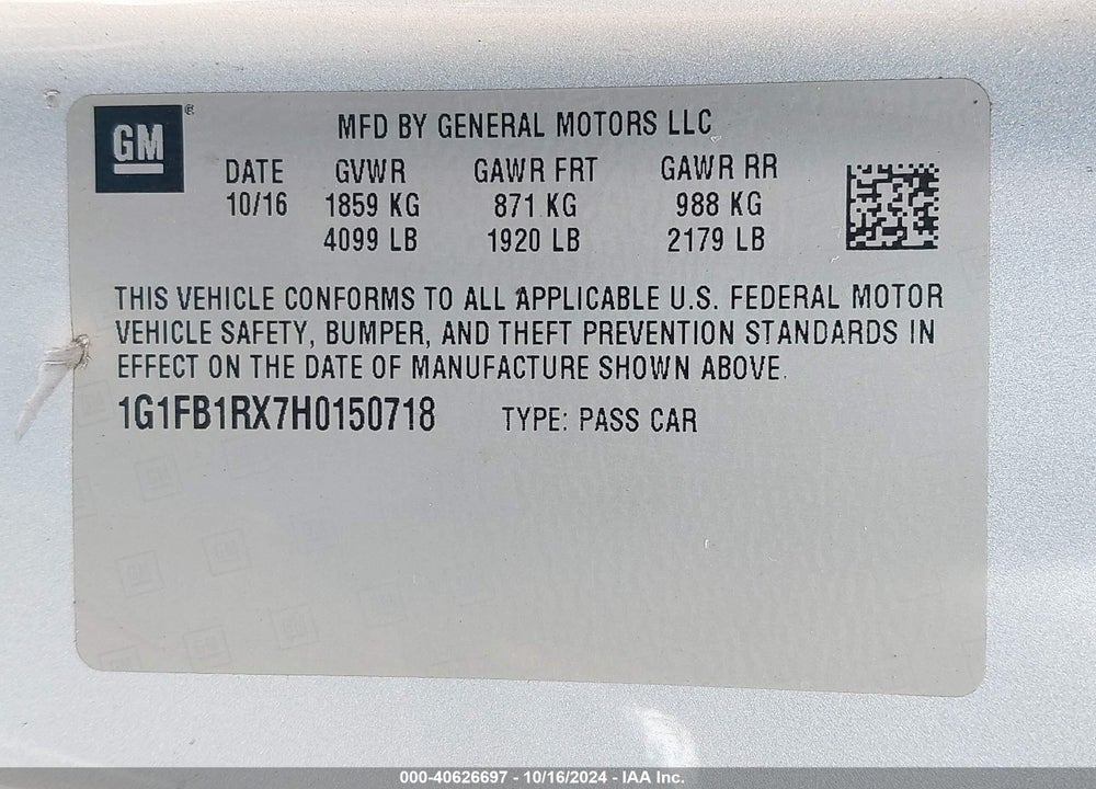 2017 CHEVROLET CAMARO 1LT VIN: 1G1FB1RX7H0150718