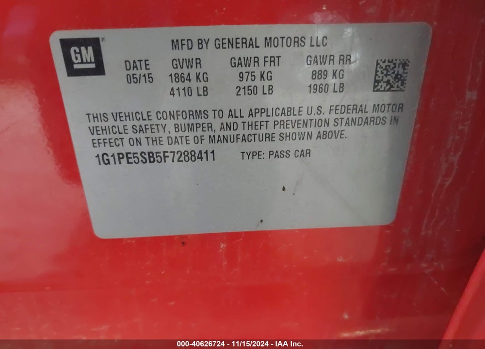 2015 CHEVROLET CRUZE 2LT AUTO VIN: 1G1PE5SB5F7288411