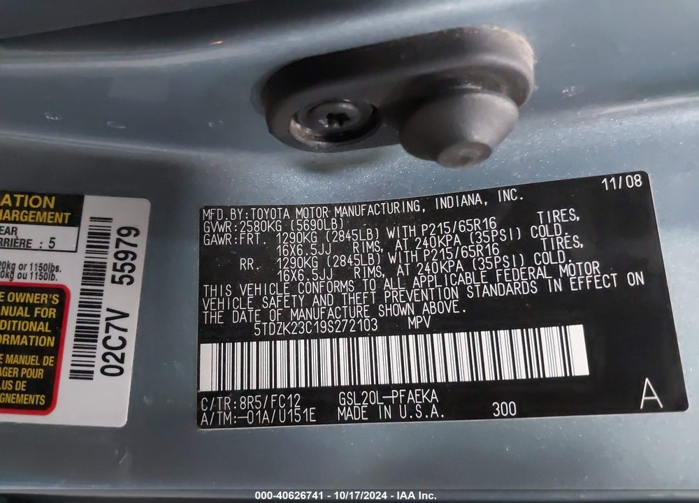 2009 TOYOTA SIENNA LE VIN: 5TDZK23C19S272103