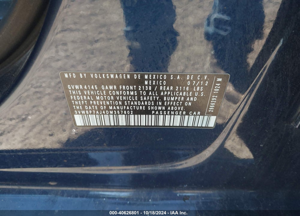 2013 VOLKSWAGEN JETTA 2.5L SE VIN: 3VWBP7AJ4DM357802