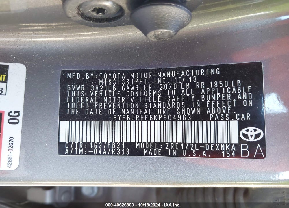 2019 TOYOTA COROLLA LE VIN: 5YFBURHE6KP904963