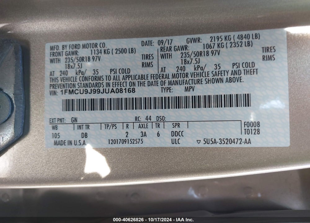 2018 FORD ESCAPE TITANIUM VIN: 1FMCU9J99JUA08168