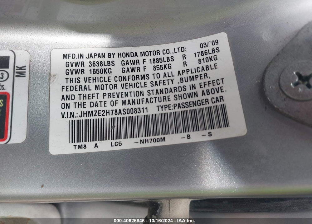 2010 HONDA INSIGHT EX VIN: JHMZE2H78AS008311