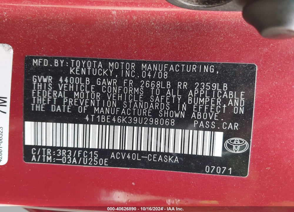 2009 TOYOTA CAMRY SE VIN: 4T1BE46K39U298068