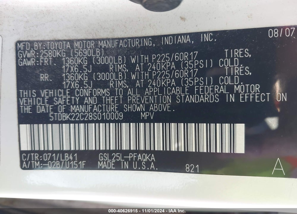 2008 TOYOTA SIENNA LIMITED VIN: 5TDBK22C28S010009