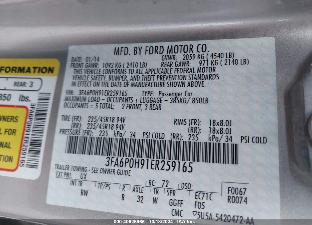 2014 FORD FUSION SE VIN: 3FA6P0H91ER259165
