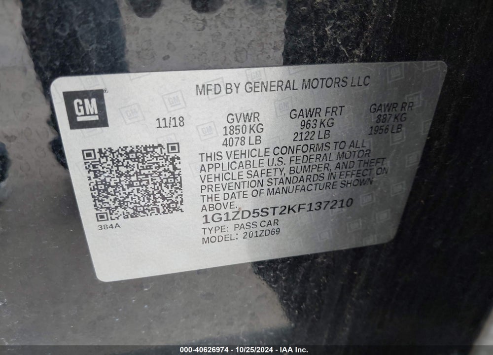 2019 CHEVROLET MALIBU LT VIN: 1G1ZD5ST2KF137210