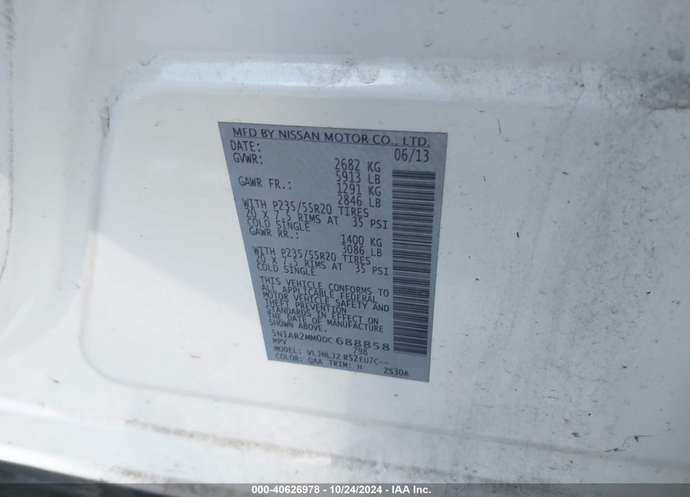 2013 NISSAN PATHFINDER PLATINUM VIN: 5N1AR2MM0DC688858