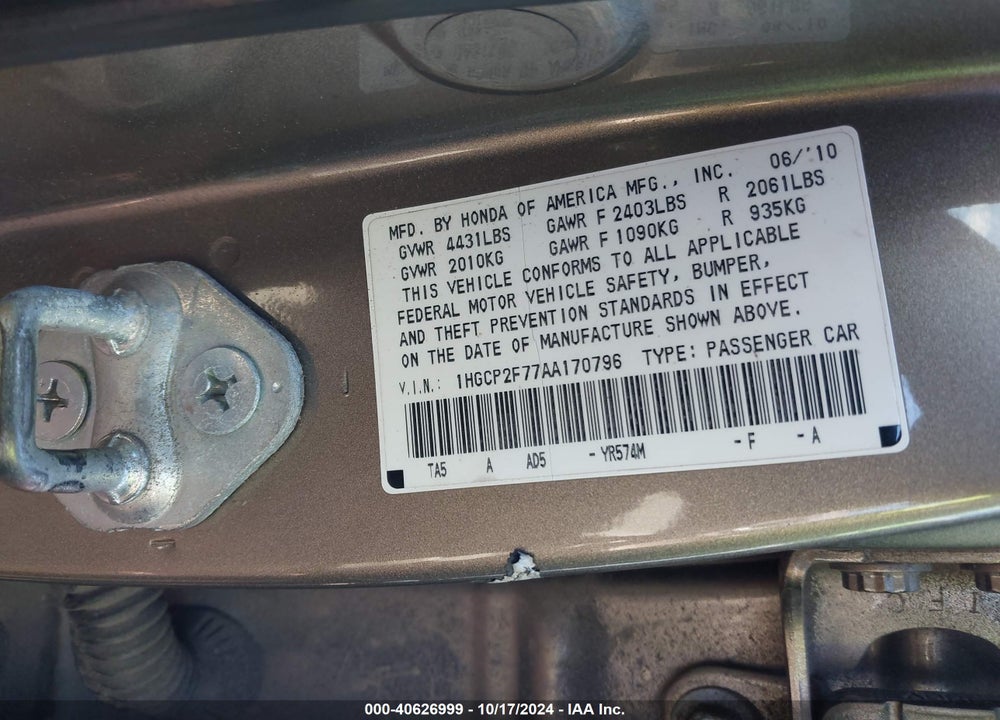 2010 HONDA ACCORD 2.4 EX VIN: 1HGCP2F77AA170796