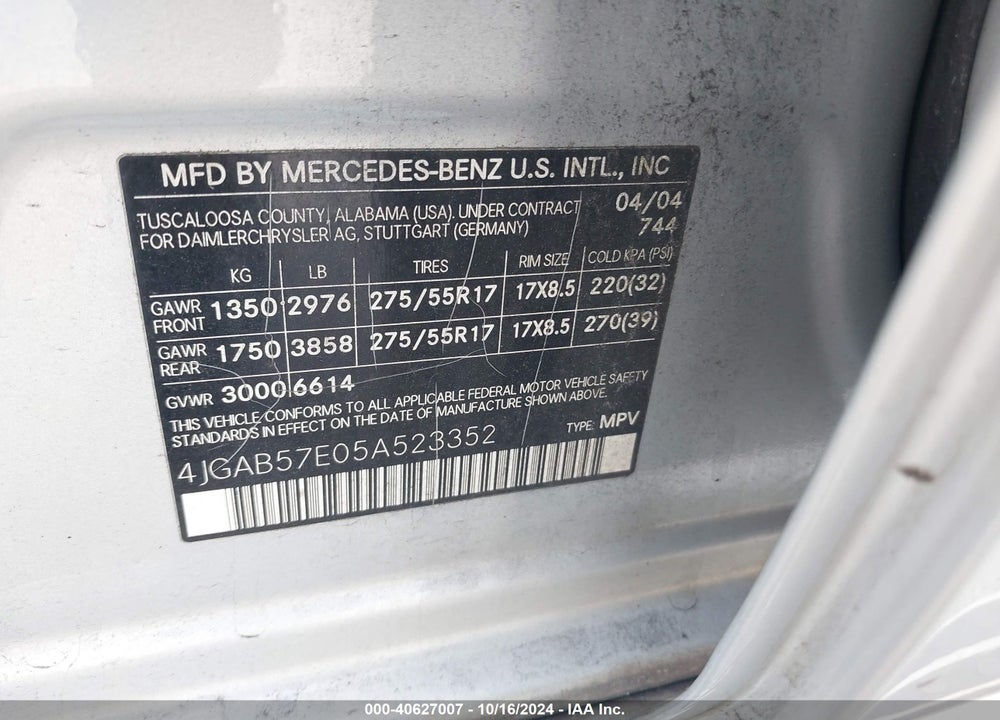 2005 MERCEDES-BENZ ML 350 4MATIC VIN: 4JGAB57E05A523352