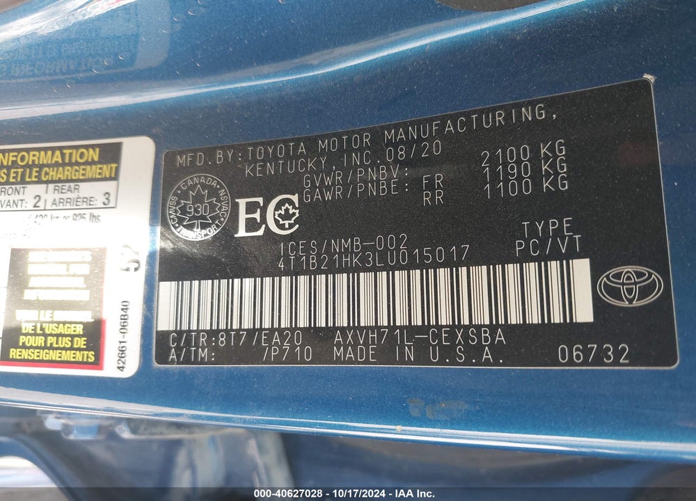 2020 TOYOTA CAMRY HYBRID SE VIN: 4T1B21HK3LU015017