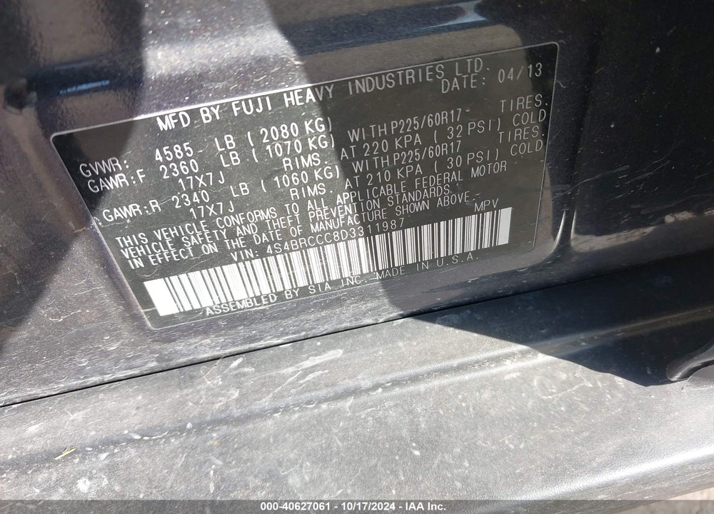 2013 SUBARU OUTBACK 2.5I PREMIUM VIN: 4S4BRCCC8D3311987