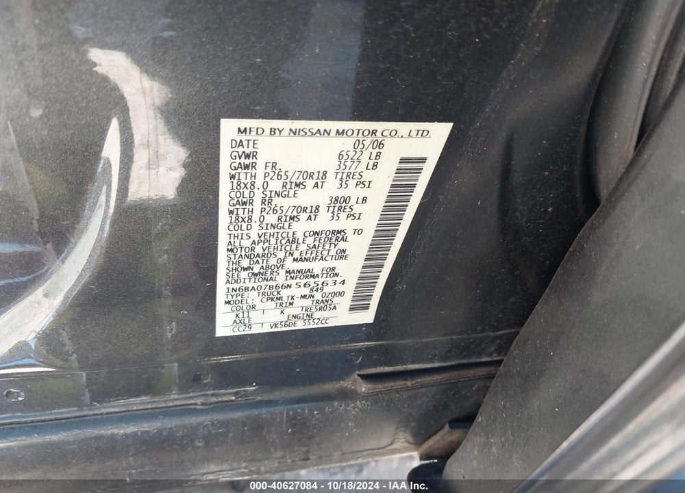 2006 NISSAN TITAN SE VIN: 1N6BA07B66N565634