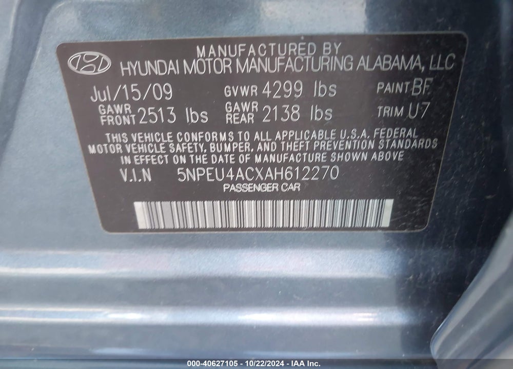 2010 HYUNDAI SONATA SE VIN: 5NPEU4ACXAH612270