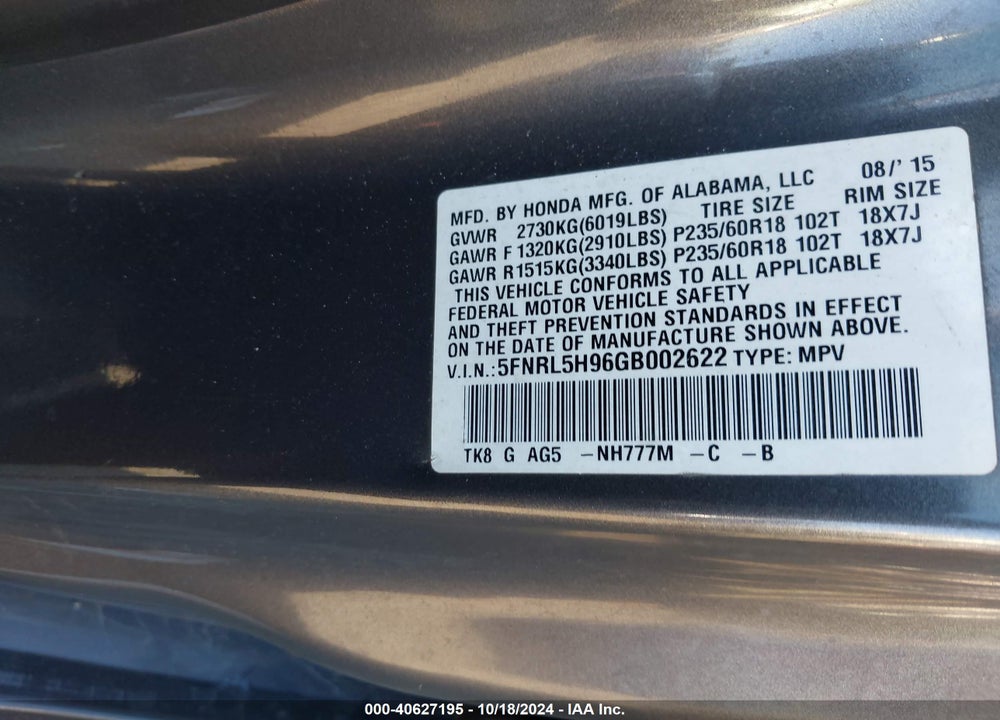 2016 HONDA ODYSSEY TOURING/TOURING ELITE VIN: 5FNRL5H96GB002622