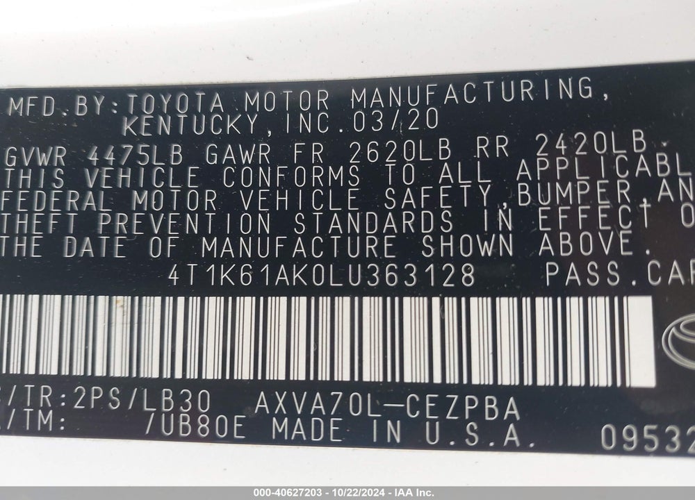 2020 TOYOTA CAMRY XSE VIN: 4T1K61AK0LU363128