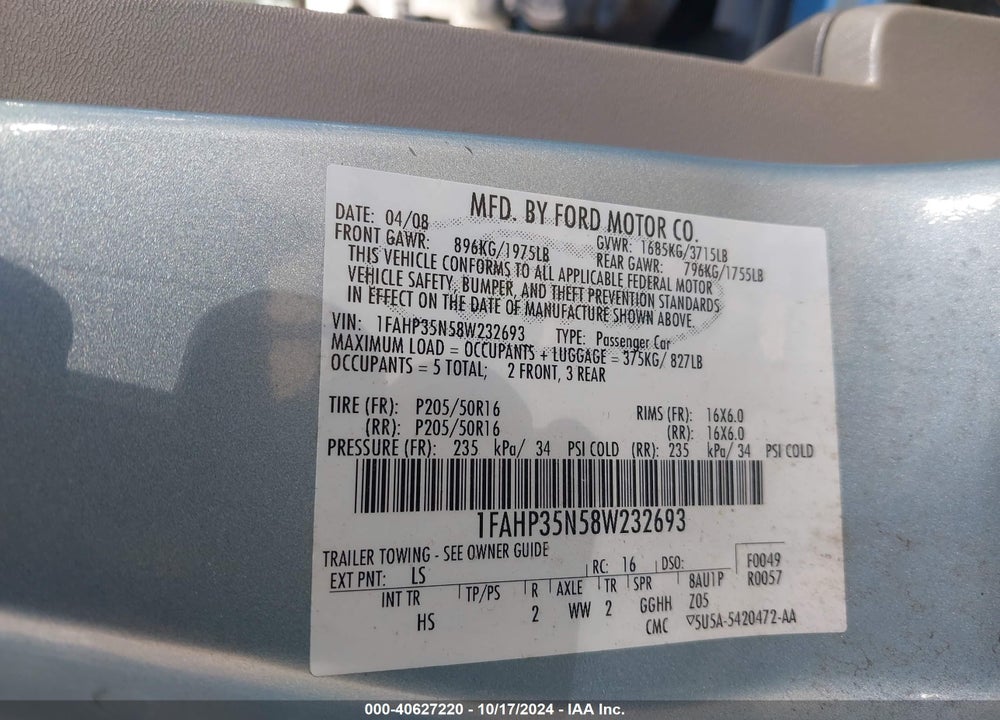 2008 FORD FOCUS SE/SES VIN: 1FAHP35N58W232693