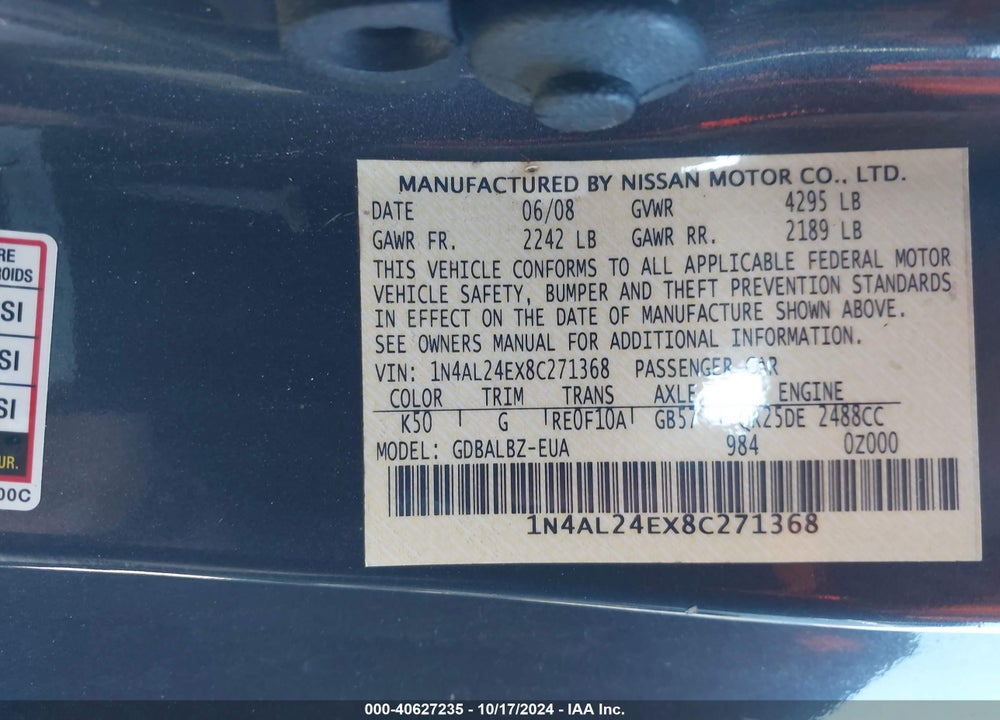 2008 NISSAN ALTIMA 2.5 S VIN: 1N4AL24EX8C271368
