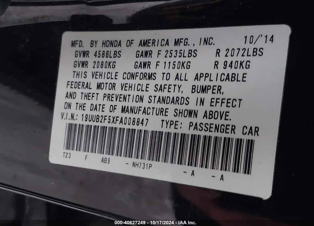 2015 ACURA TLX V6 TECH VIN: 19UUB2F5XFA008847