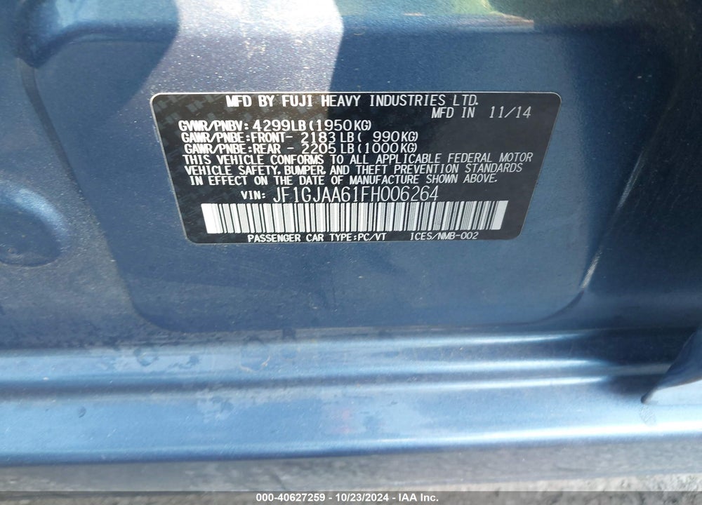 2015 SUBARU IMPREZA 2.0I VIN: JF1GJAA61FH006264