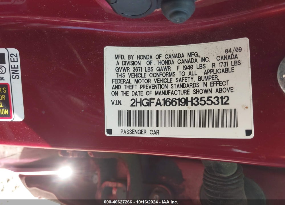 2009 HONDA CIVIC LX-S VIN: 2HGFA16619H355312