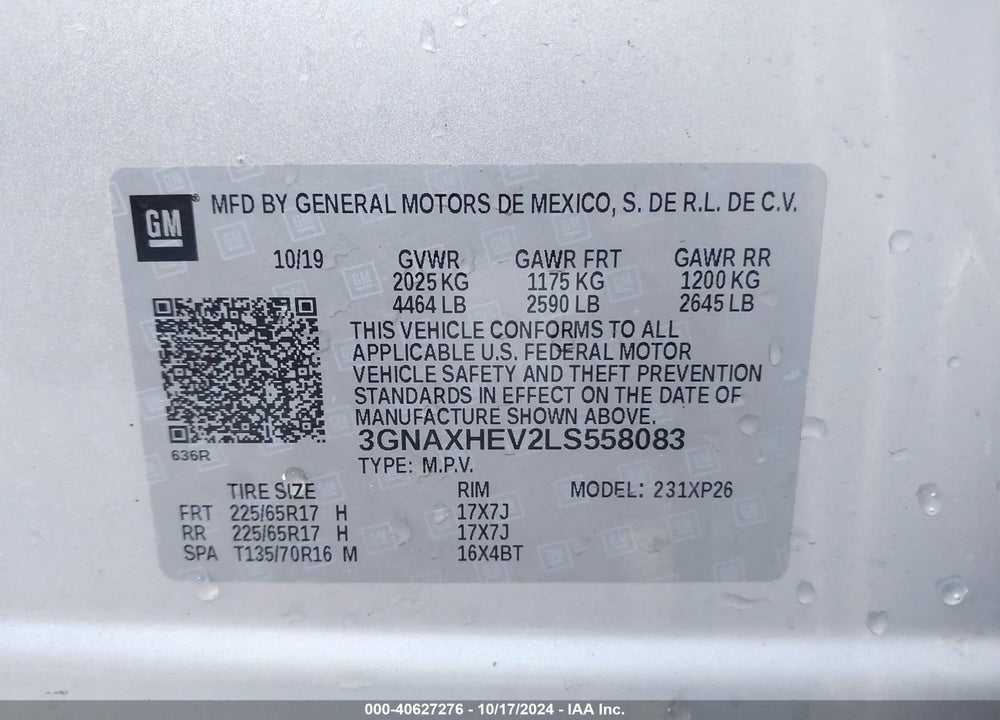 2020 CHEVROLET EQUINOX FWD LS VIN: 3GNAXHEV2LS558083
