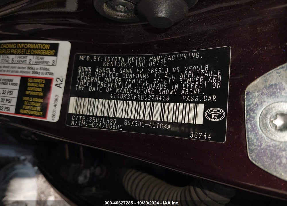 2011 TOYOTA AVALON VIN: 4T1BK3DBXBU378429