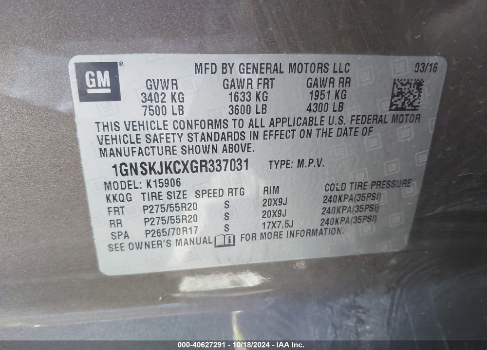 2016 CHEVROLET SUBURBAN LTZ VIN: 1GNSKJKCXGR337031
