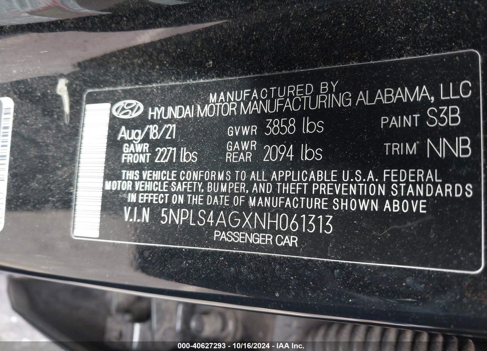 2022 HYUNDAI ELANTRA SEL VIN: 5NPLS4AGXNH061313