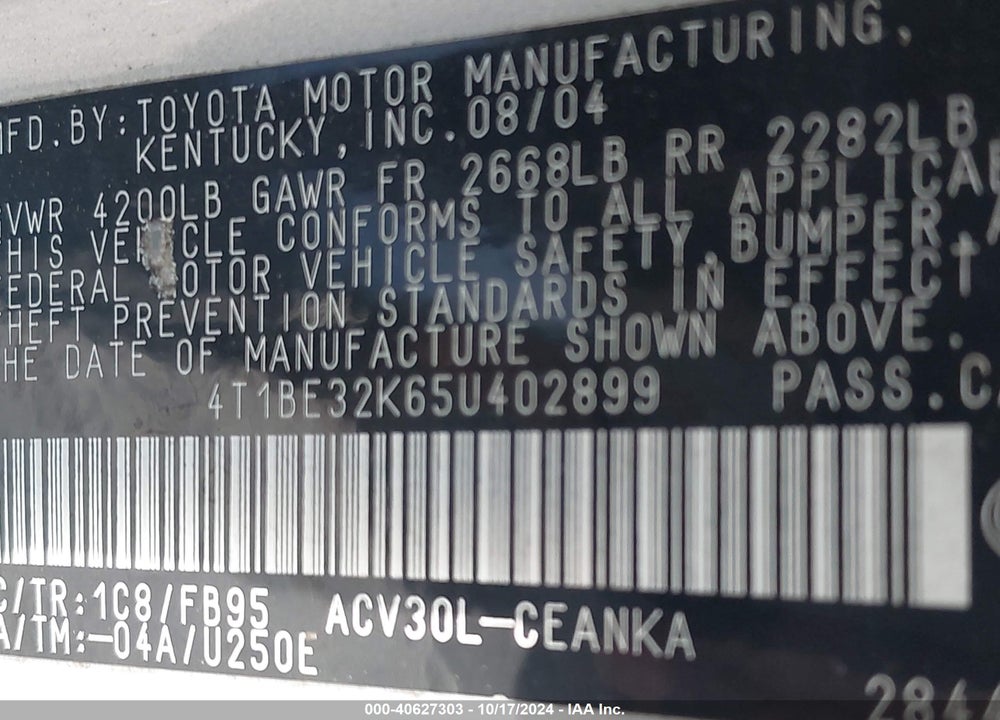 2005 TOYOTA CAMRY LE VIN: 4T1BE32K65U402899
