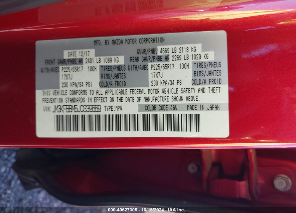2018 MAZDA CX-5 SPORT VIN: JM3KFBBM5J0339669