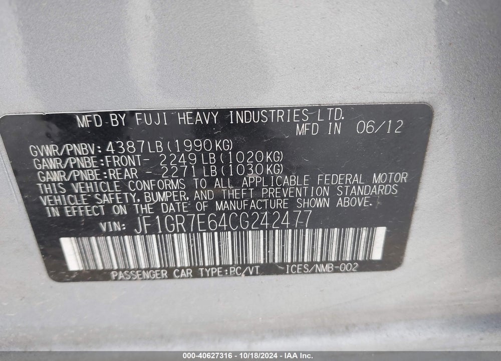 2012 SUBARU IMPREZA WRX VIN: JF1GR7E64CG242477