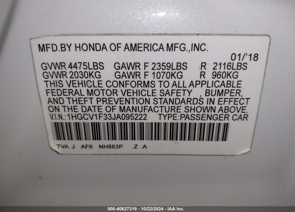 2018 HONDA ACCORD VIN: 1HGCV1F33JA095222
