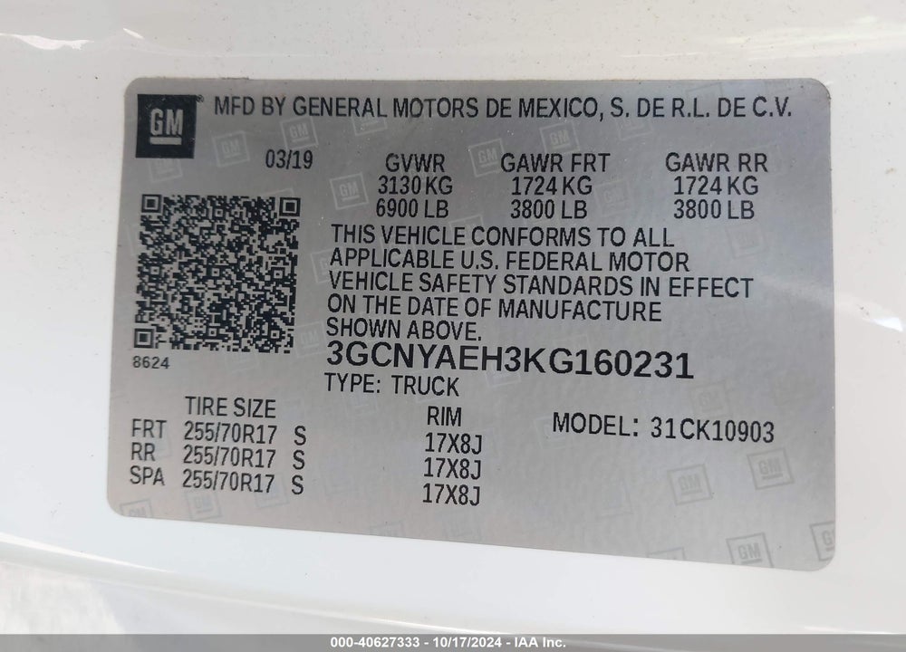 2019 CHEVROLET SILVERADO 1500 VIN: 3GCNYAEH3KG160231
