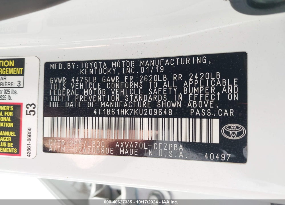 2019 TOYOTA CAMRY XSE VIN: 4T1B61HK7KU209648