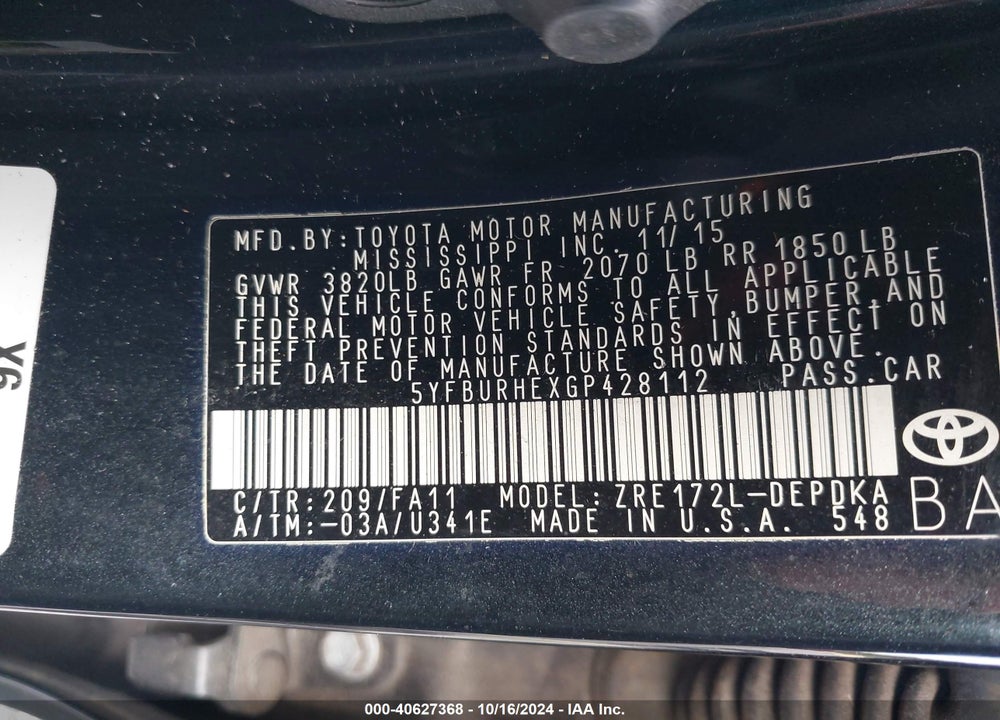 2016 TOYOTA COROLLA L VIN: 5YFBURHEXGP428112
