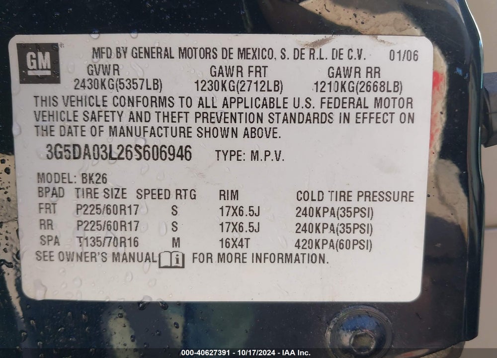 2006 BUICK RENDEZVOUS CX VIN: 3G5DA03L26S606946