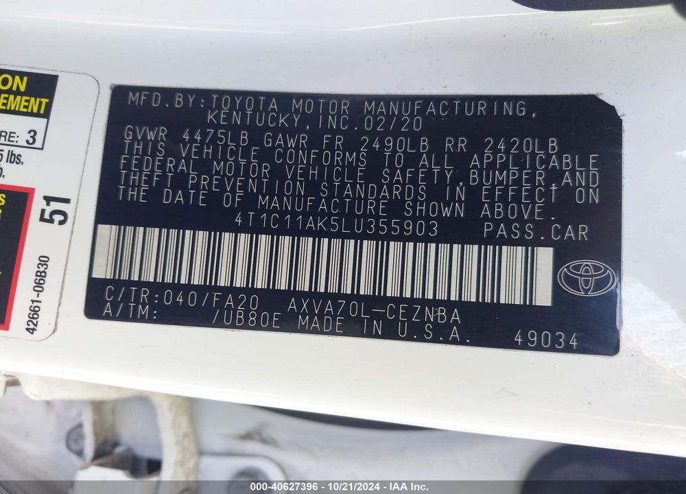 2020 TOYOTA CAMRY LE VIN: 4T1C11AK5LU355903