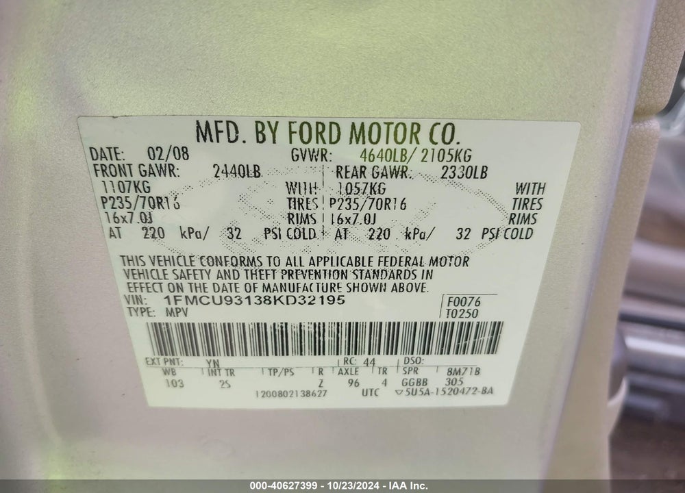2008 FORD ESCAPE XLT VIN: 1FMCU93138KD32195