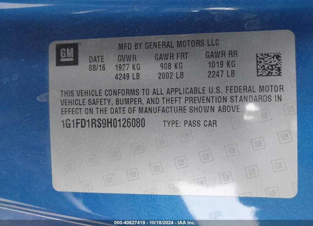 2017 CHEVROLET CAMARO 2LT VIN: 1G1FD1RS9H0126080