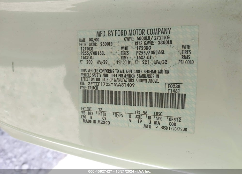 2000 FORD F-150 WORK SERIES/XL/XLT VIN: 3FTZF1723YMA81409