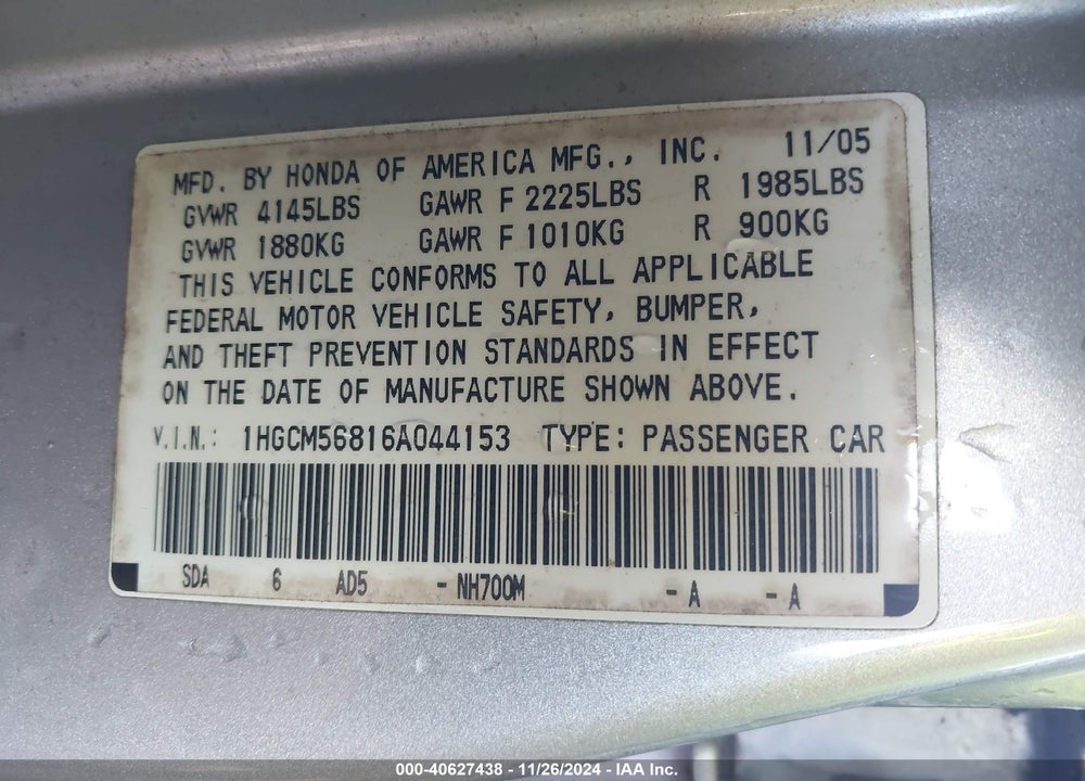 2006 HONDA ACCORD 2.4 EX VIN: 1HGCM56816A044153