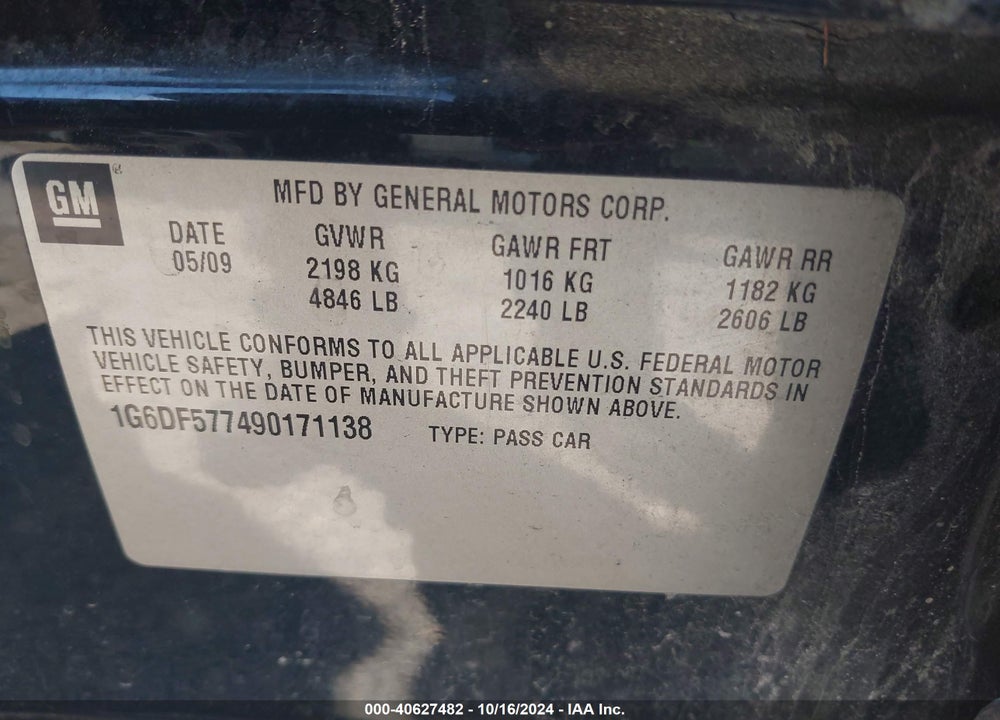 2009 CADILLAC CTS STANDARD VIN: 1G6DF577490171138