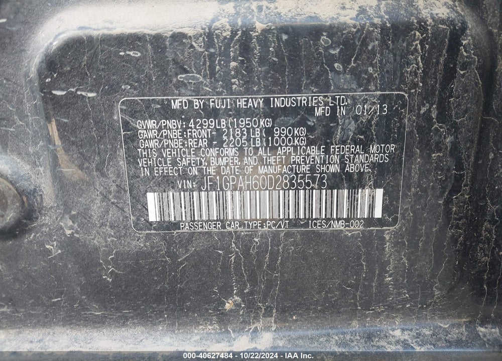2013 SUBARU IMPREZA 2.0I LIMITED VIN: JF1GPAH60D2835573