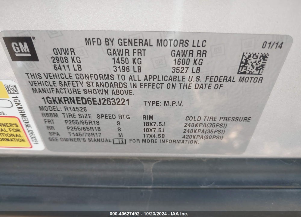 2014 GMC ACADIA SLE-1 VIN: 1GKKRNED6EJ263221