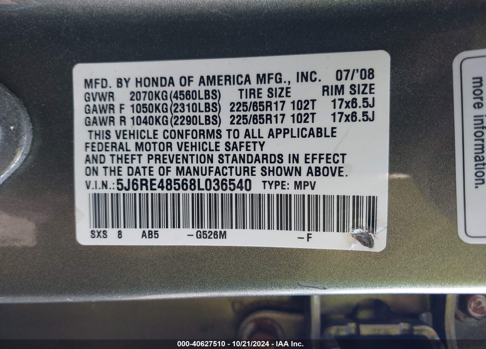 2008 HONDA CR-V EX VIN: 5J6RE48568L036540